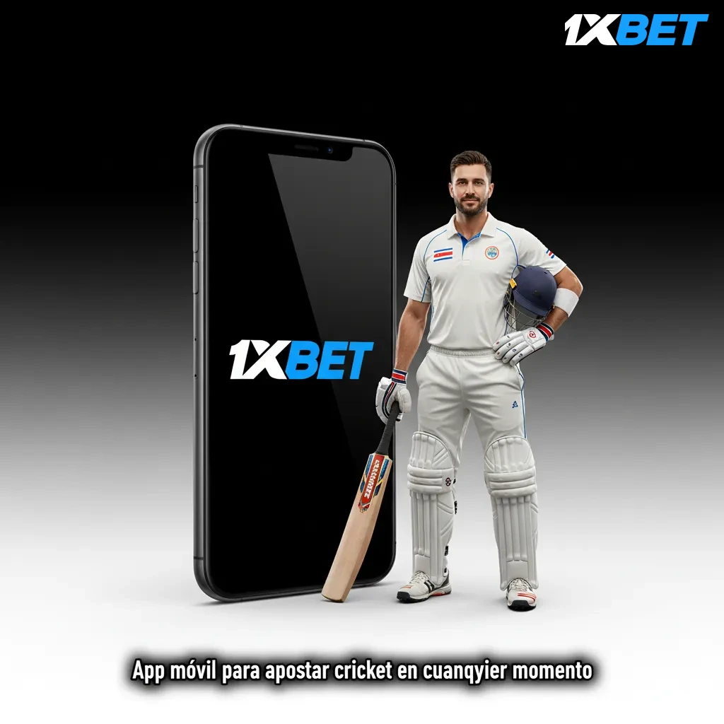 App móvil de 1xbet con interfaz de apuestas de cricket, filtros, cuotas y marcador en vivo en Android e iOS.