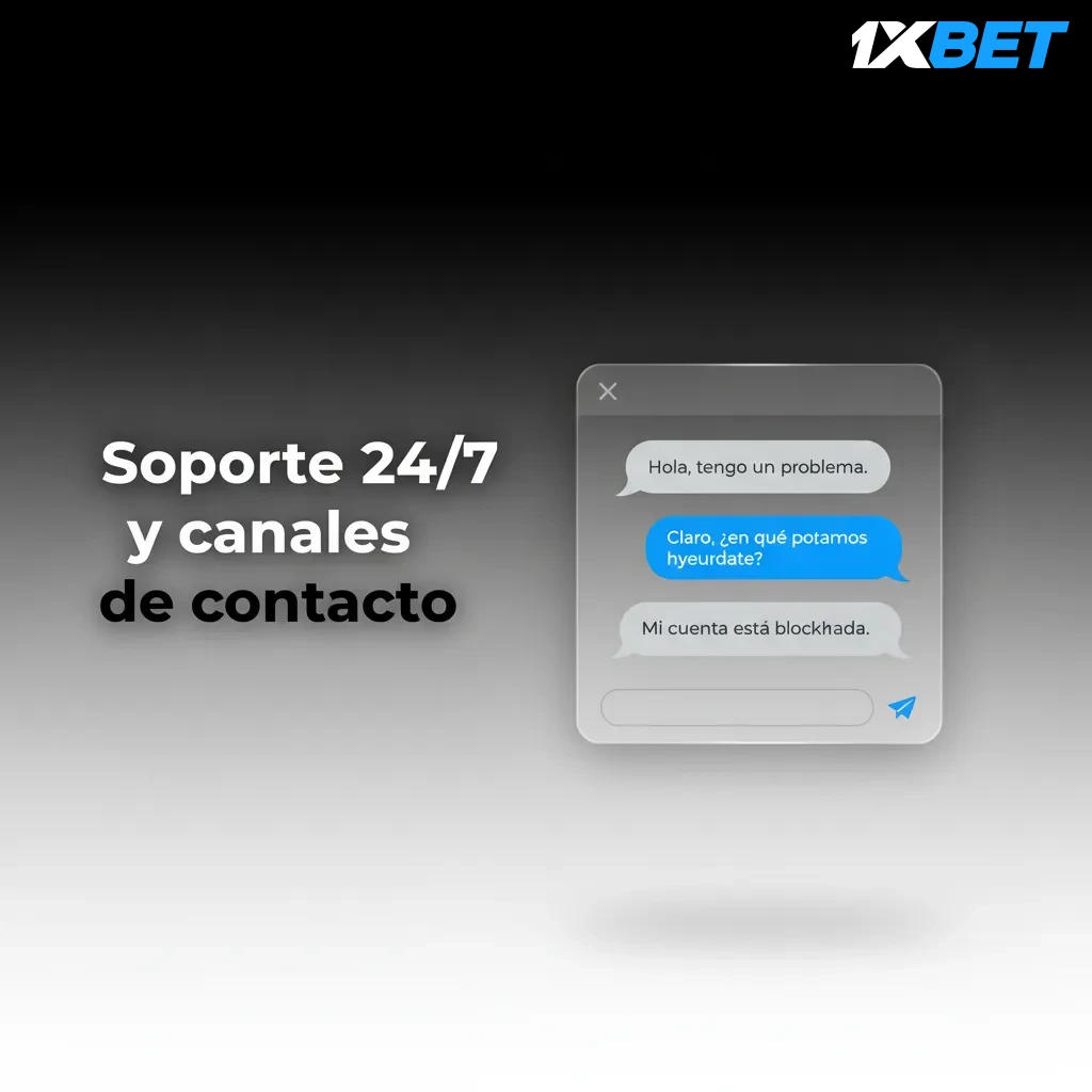 Iconos de chat, correo y redes sociales para soporte 24/7 de 1xBet en español.