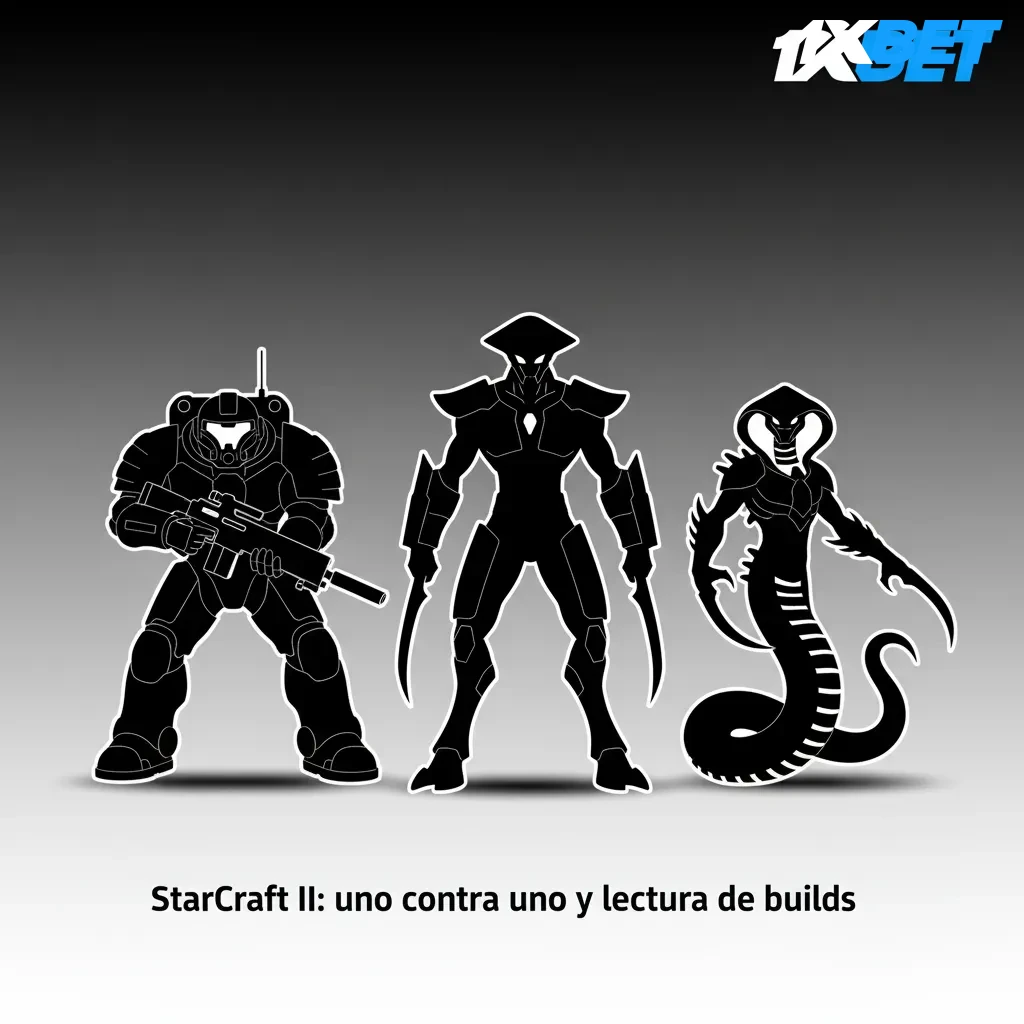 Imagen de StarCraft II 1v1: jugadores midiendo builds y timings, con mercados de apuestas y logos de IEM, ESL, GSL.