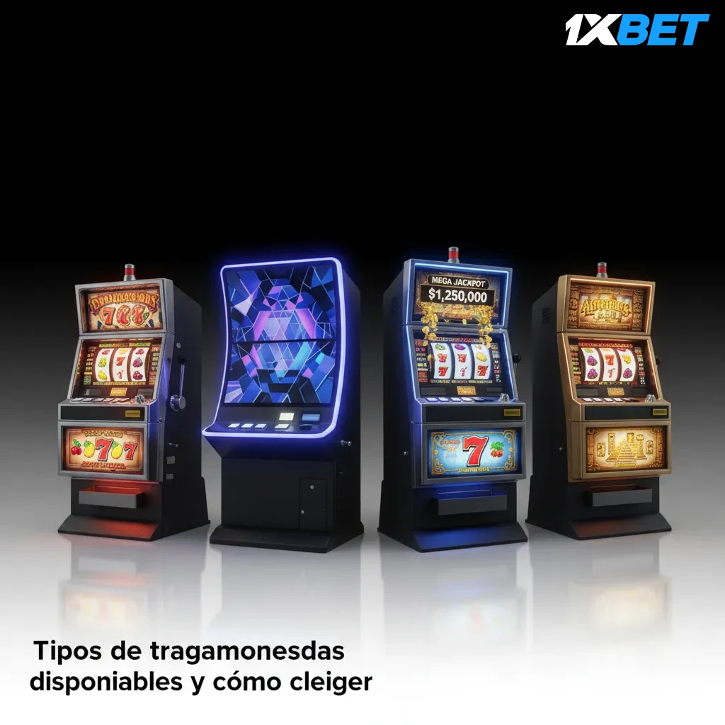 Guía visual de tipos de tragamonedas: 3 rodillos, video, Megaways y jackpots, con consejos para elegir según estilo.