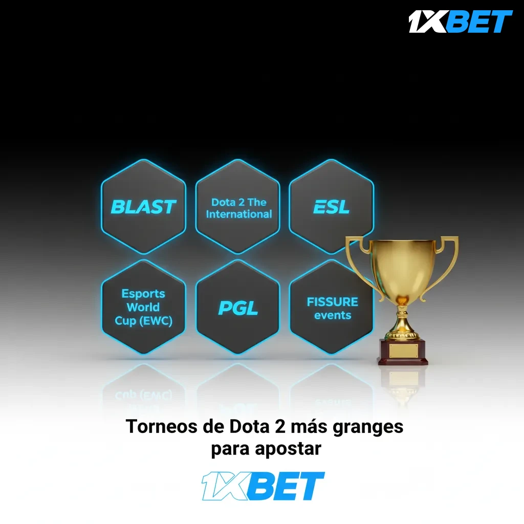 Grandes torneos de Dota 2 para apostar: TI, BLAST, ESL, EWC, PGL y FISSURE; estadio eSports, trofeo y calendario.