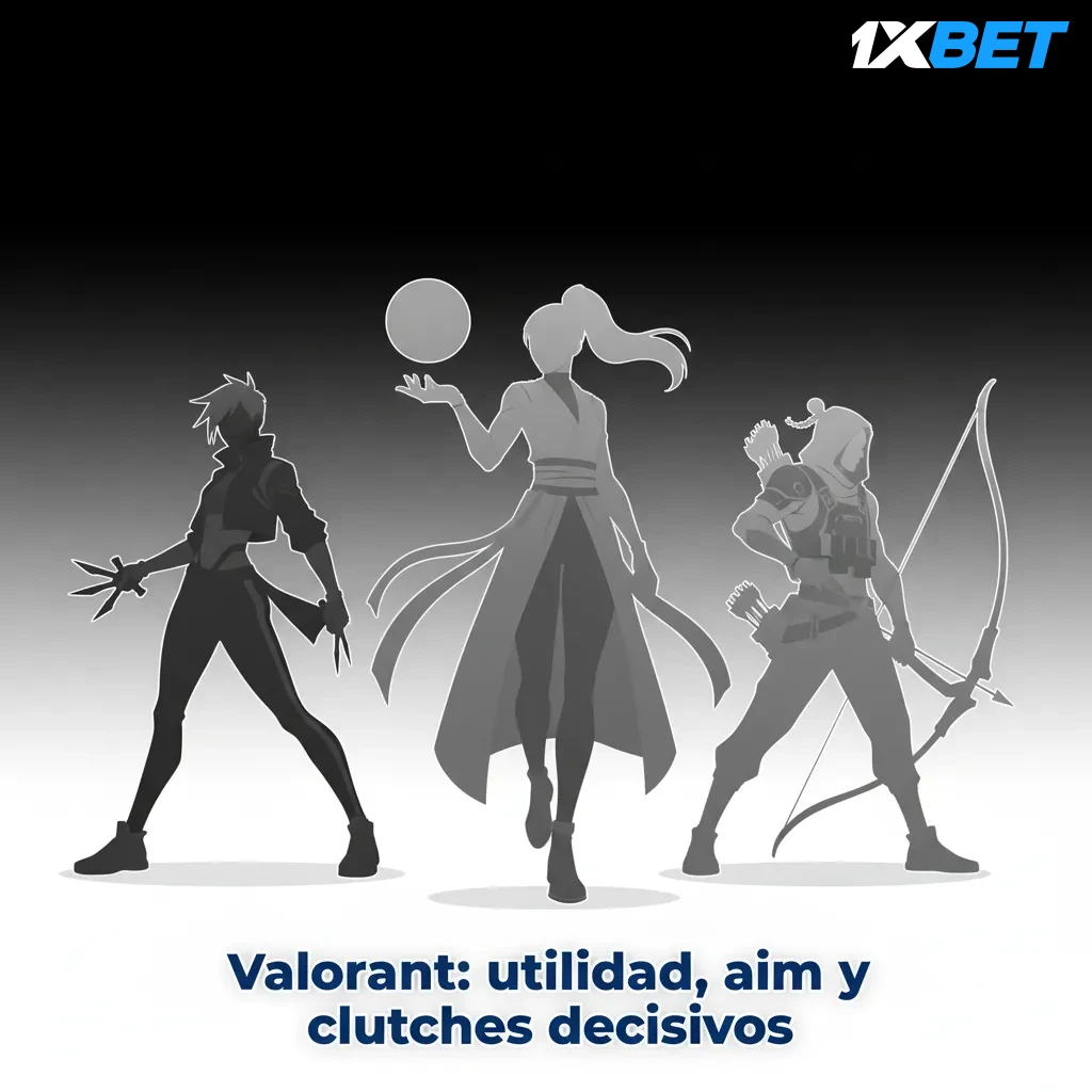 Escena de Valorant con utilidad, aim y clutches; overlay de apuestas pre y en vivo; VCT Champions y Masters.
