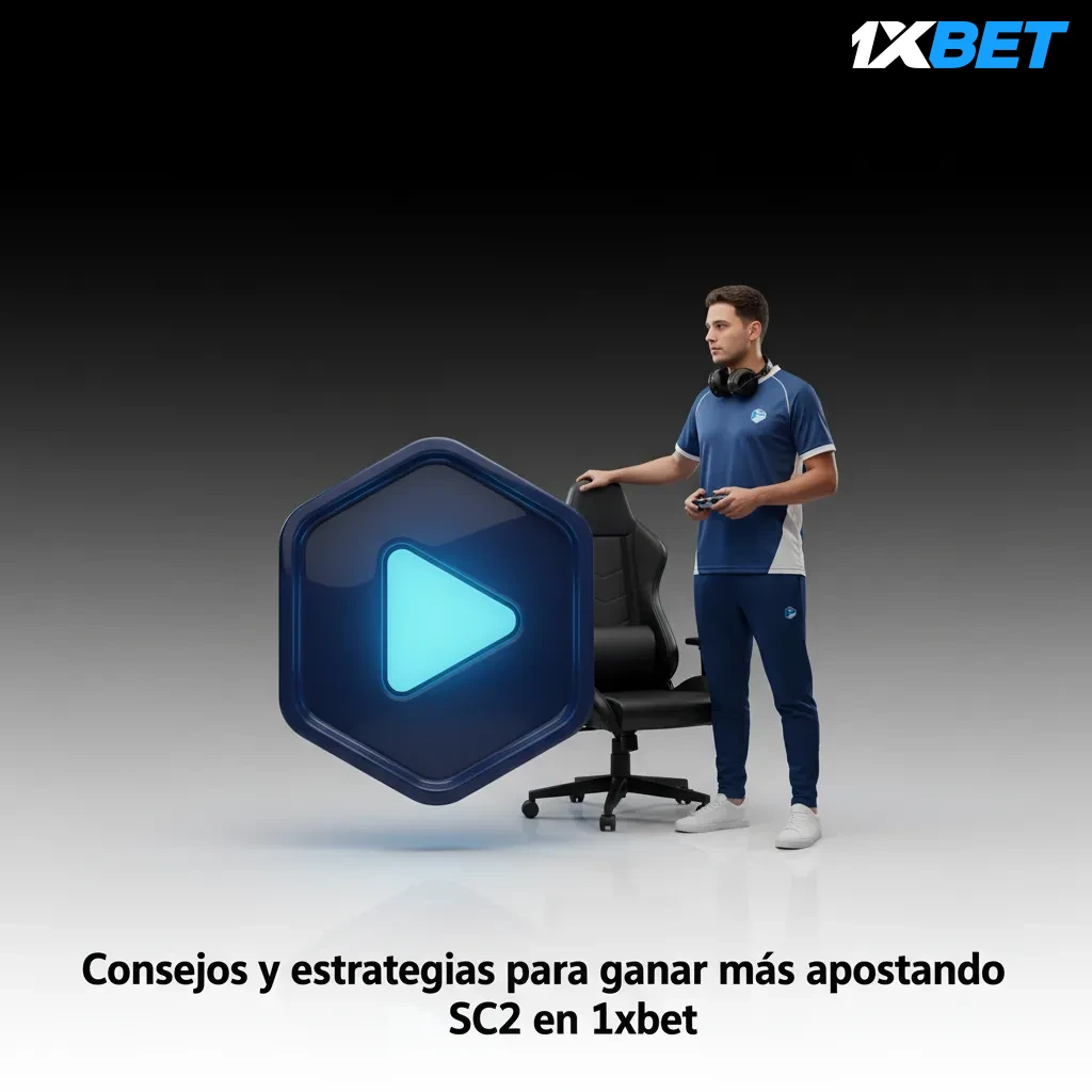 Banner de 1xBet con consejos de apuestas SC2: banca, H2H, mapas, meta, especialización, ping y apuestas en vivo.