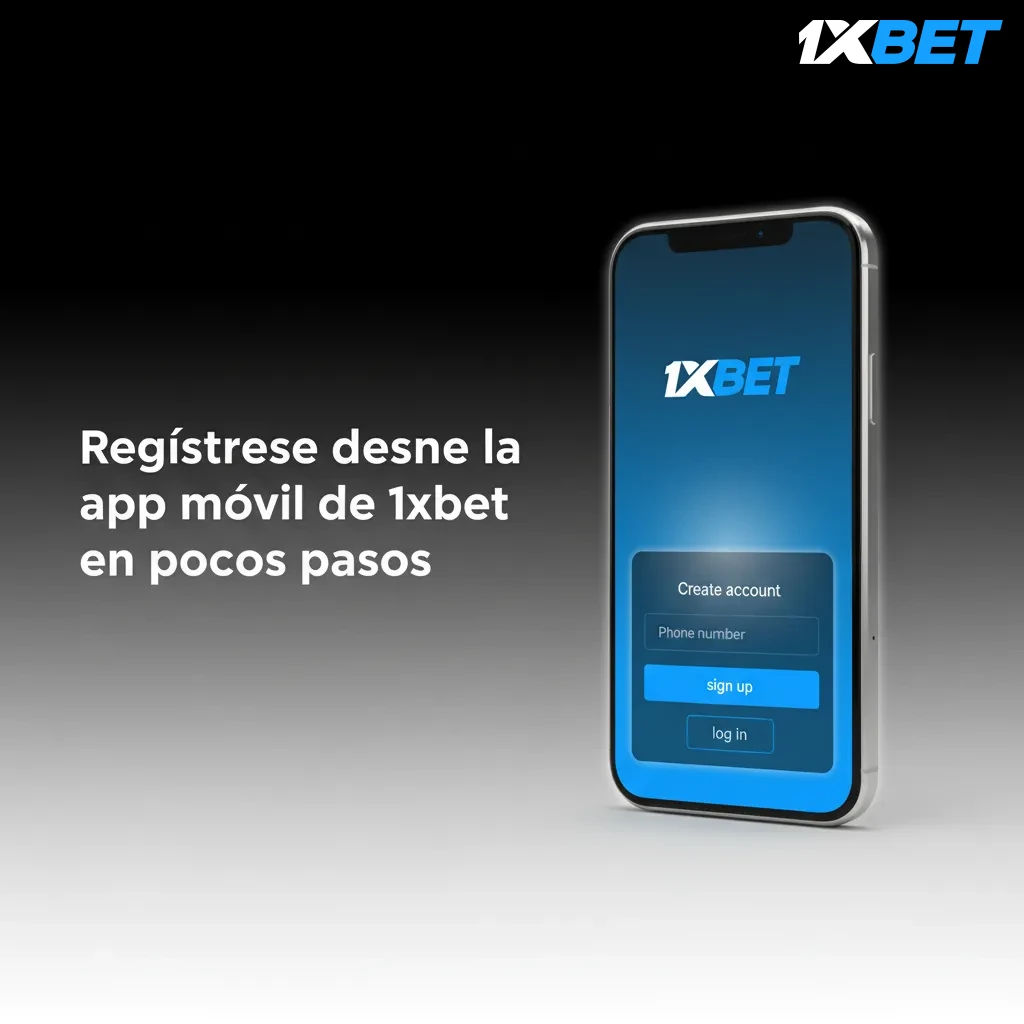 Ilustración: pasos para registrarse en la app móvil de 1xBet: descargar, abrir, elegir método, ingresar datos, confirmar.