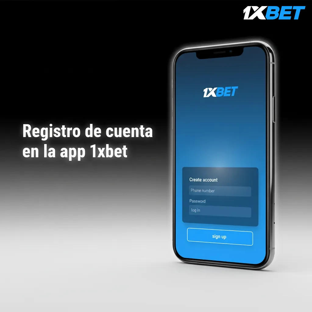 Pantalla de registro de la app 1xbet en smartphone, con campos de nombre, email/teléfono, contraseña y opción código promo.