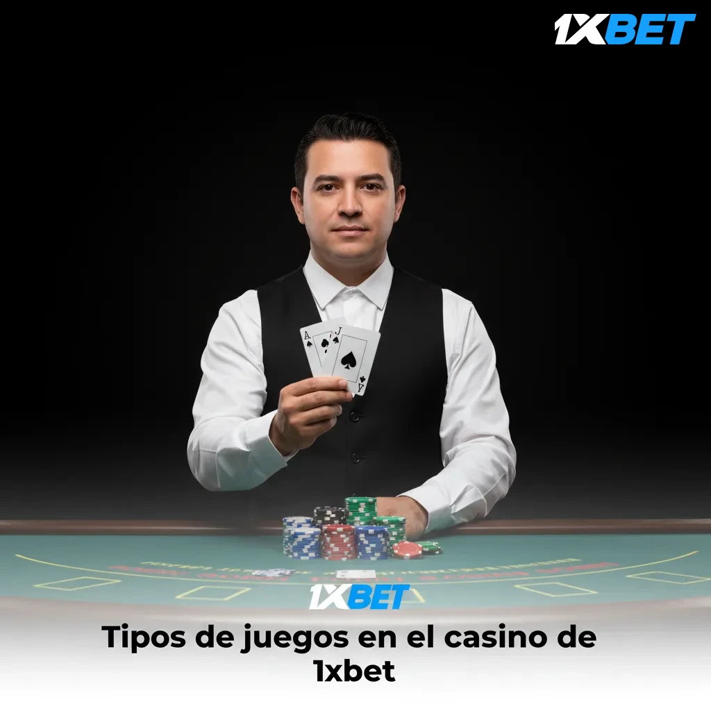 Infografía de 1xbet con tipos de juegos: tragamonedas, crash, mesa, video póker, botes progresivos e instantáneos.