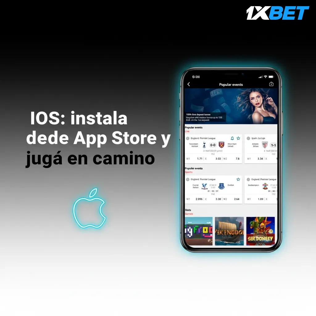 Pantalla de iPhone con App Store mostrando la app, botón Obtener y Face ID; apuestas en vivo, casino y pagos nativos.