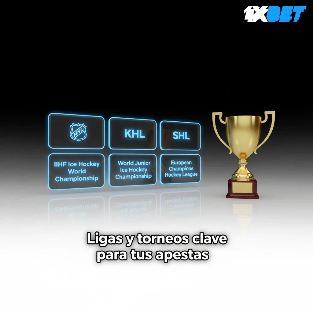 Banner de apuestas de hockey con ligas clave: NHL, AHL, KHL, SHL, Liiga, CHL e IIHF y filtros por país y horario en 1xbet.