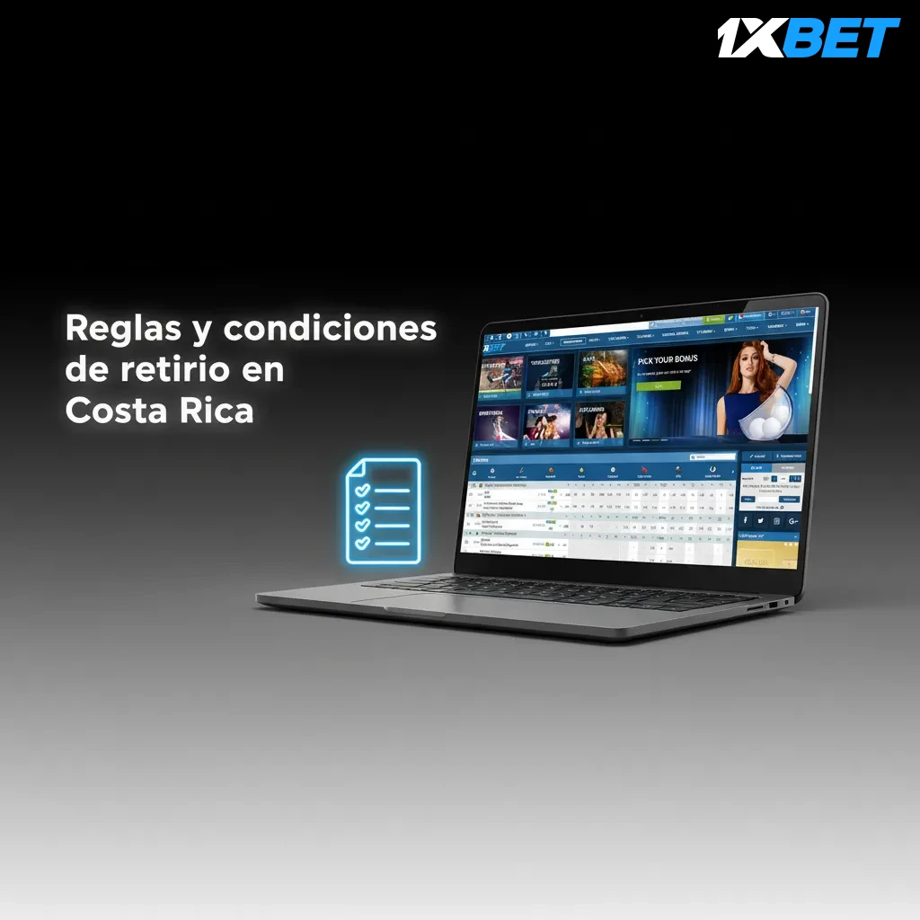 Infografía de reglas de retiro de 1xBet en Costa Rica: KYC, método a tu nombre, rollover, límites, antifraude y CRC.