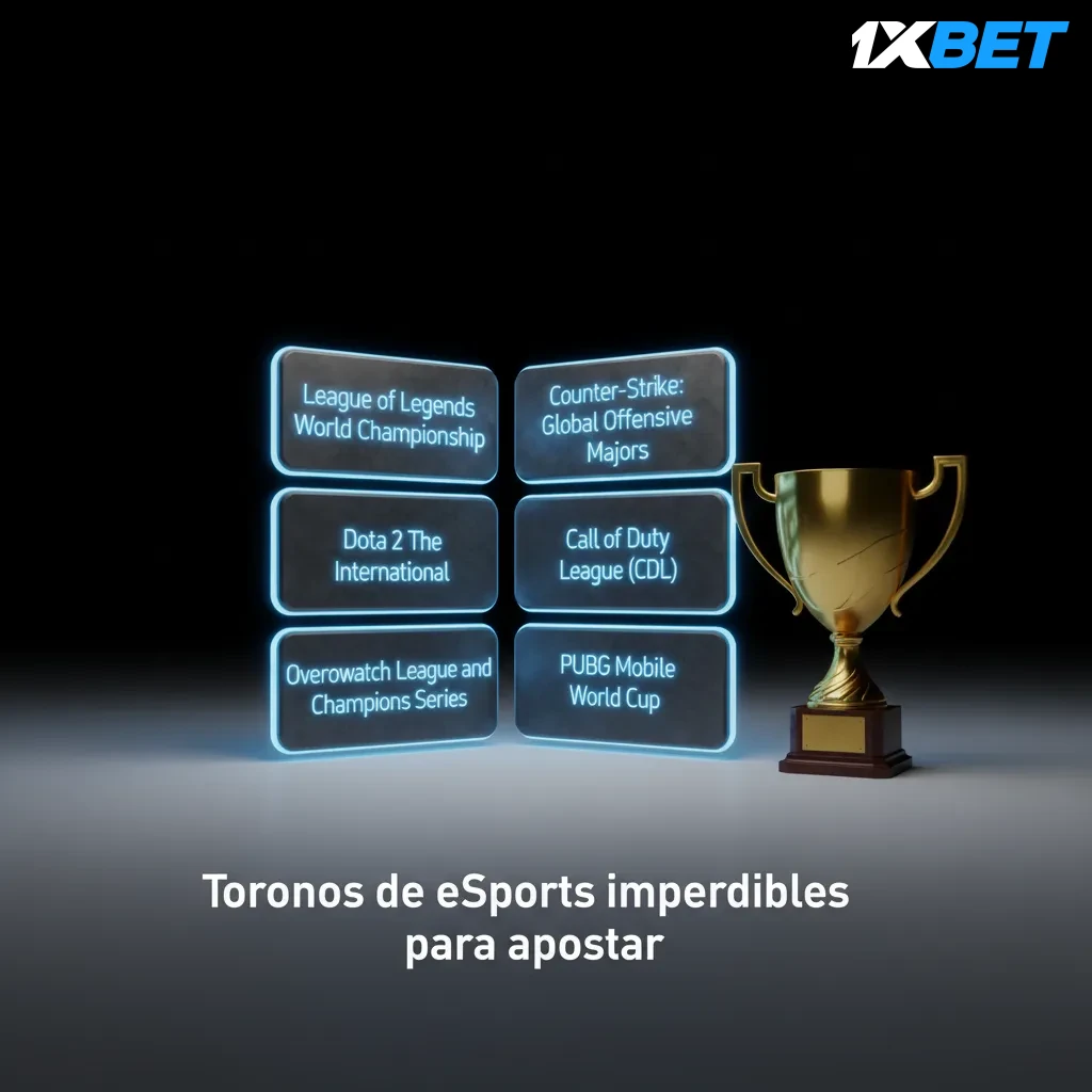 Tabla con torneos principales de eSports para apostar por juego: Dota 2, CS2, LoL, VALORANT, SC2, MLBB y Rocket League.