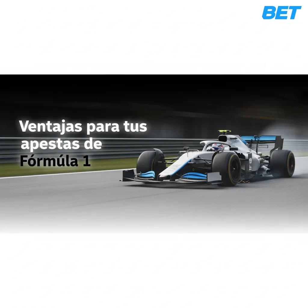 Banner de ventajas para apuestas de F1: cuotas en tiempo real, mercados variados, cash out, seguimiento de vueltas y app.