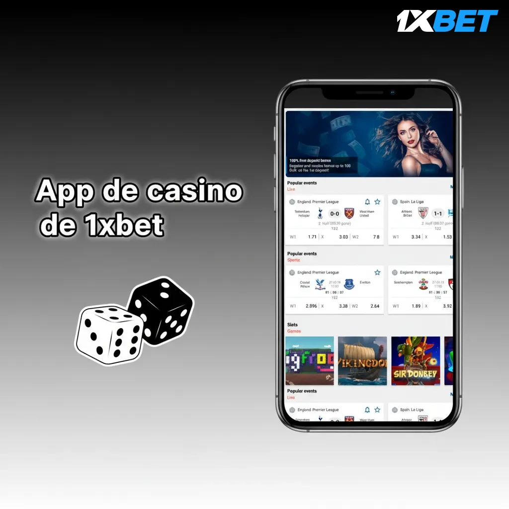 Interfaz de la app de casino 1xbet con eventos en vivo, deportes, tragamonedas y crupieres reales 24/7.