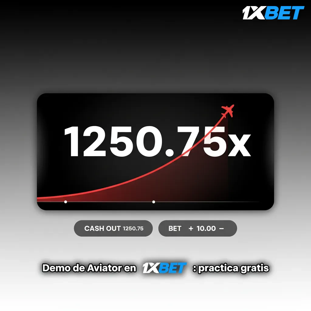 Interfaz del demo de Aviator en 1xBet con avión rojo, multiplicadores, saldo virtual y opciones de autoapuesta y autocobro.