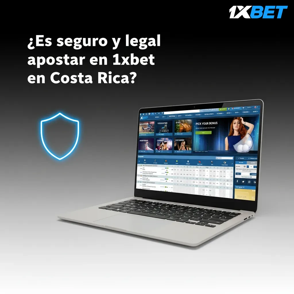 ¿Es seguro y legal apostar en 1xBet en Costa Rica? Escudo y candado simbolizan licencia, KYC, cifrado y juego responsable.