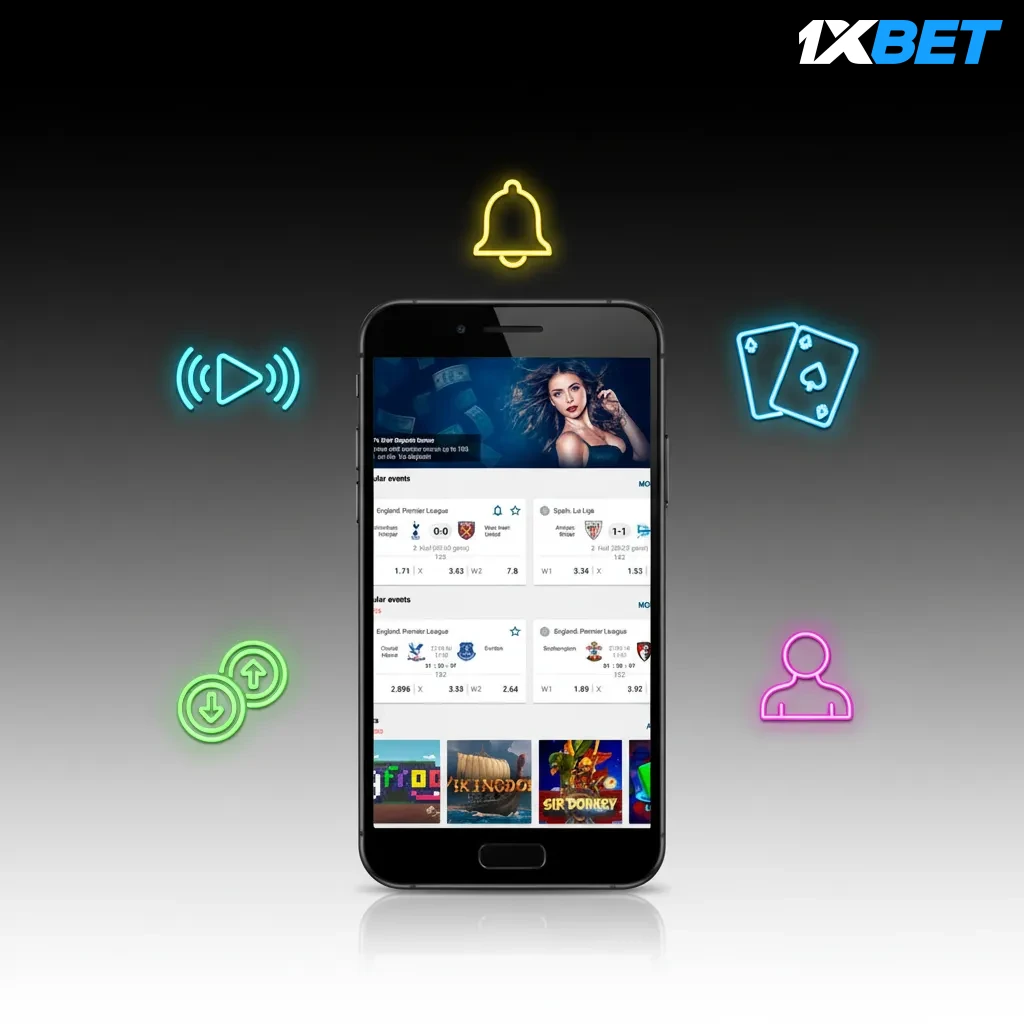 Pantalla de la app 1xbet con pagos en CRC, bono bienvenida, apuestas en vivo, cash out, casino, notificaciones, soporte 24/7.