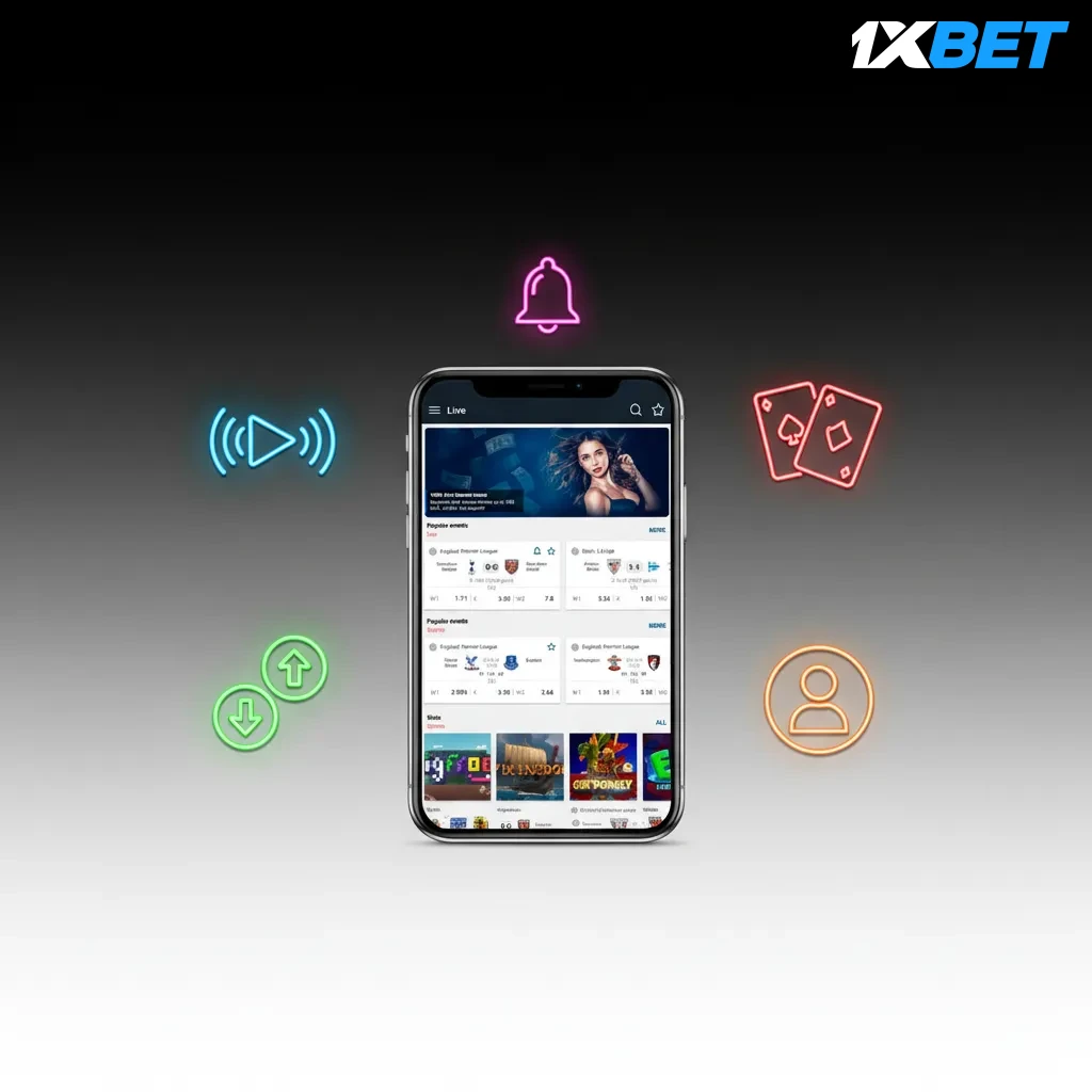 Interfaz de 1xBet en móvil: apuestas en vivo con cash out, casino, depósitos, retiros, notificaciones y perfil.