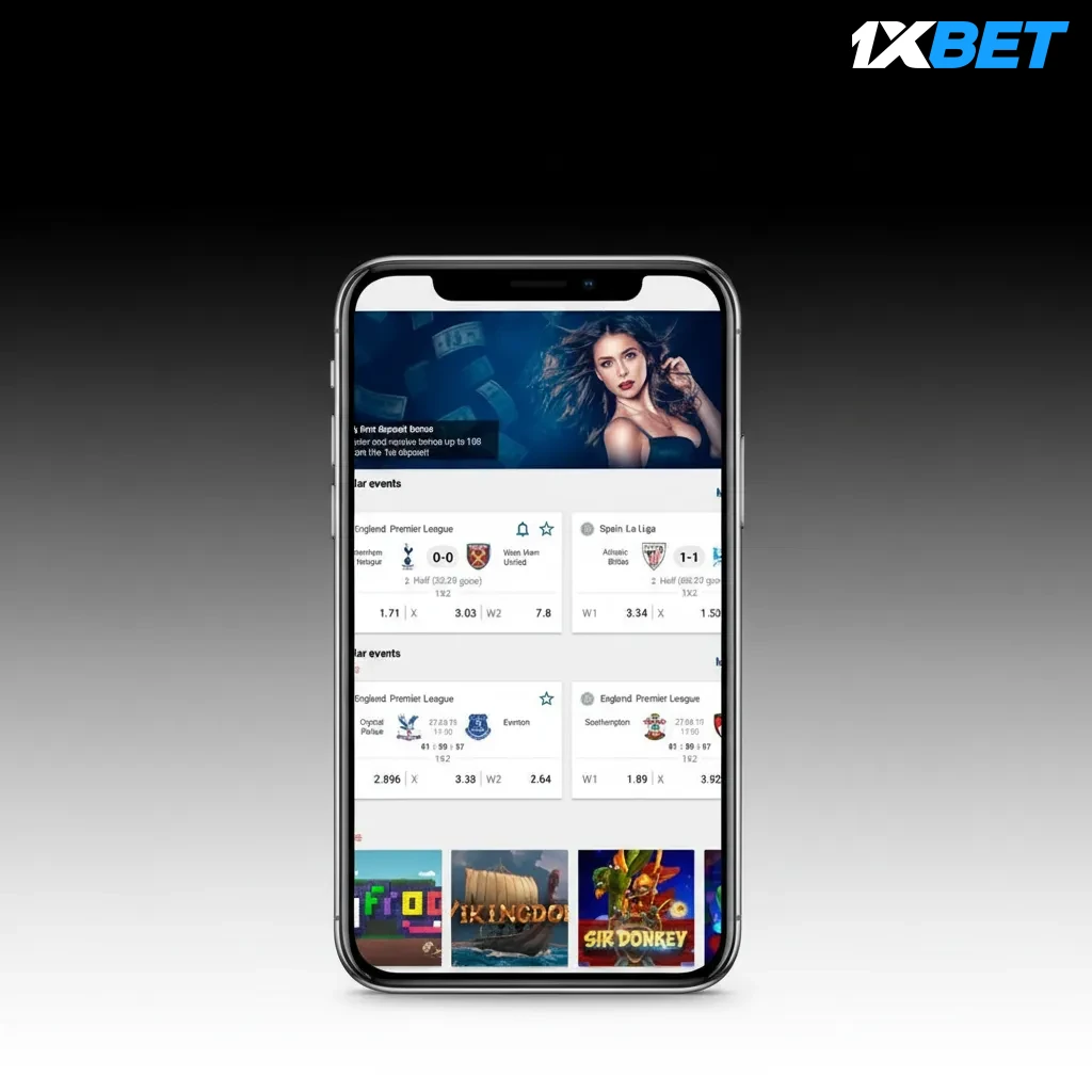 Interfaz móvil de 1xBet: diseño limpio y legible, acceso rápido a deportes, cuotas, juegos y caja en pocos toques.
