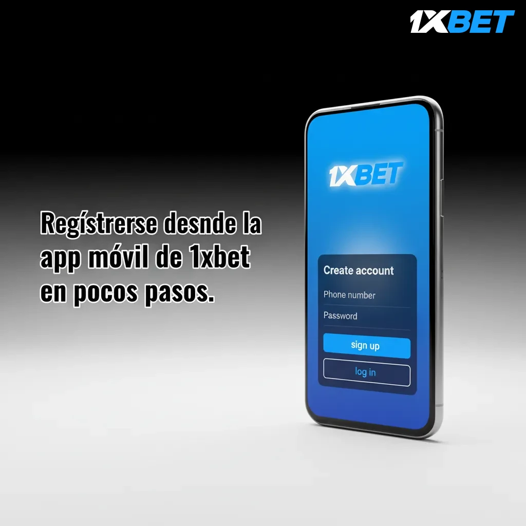 Pantalla de la app móvil 1xbet con botón Registrarse y métodos: teléfono, correo, redes sociales o un clic.