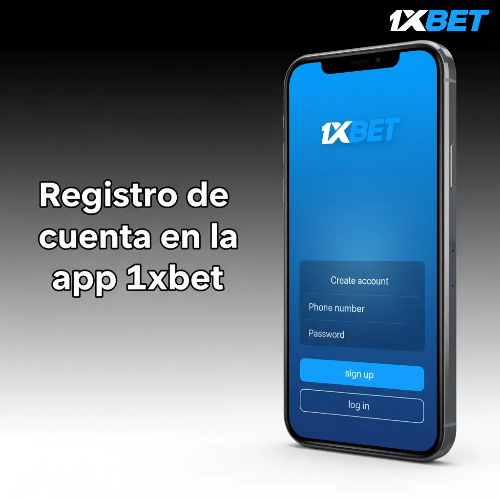Pantalla de registro de la app 1xbet con campos de nombre, correo/teléfono, contraseña, código promocional y verificación