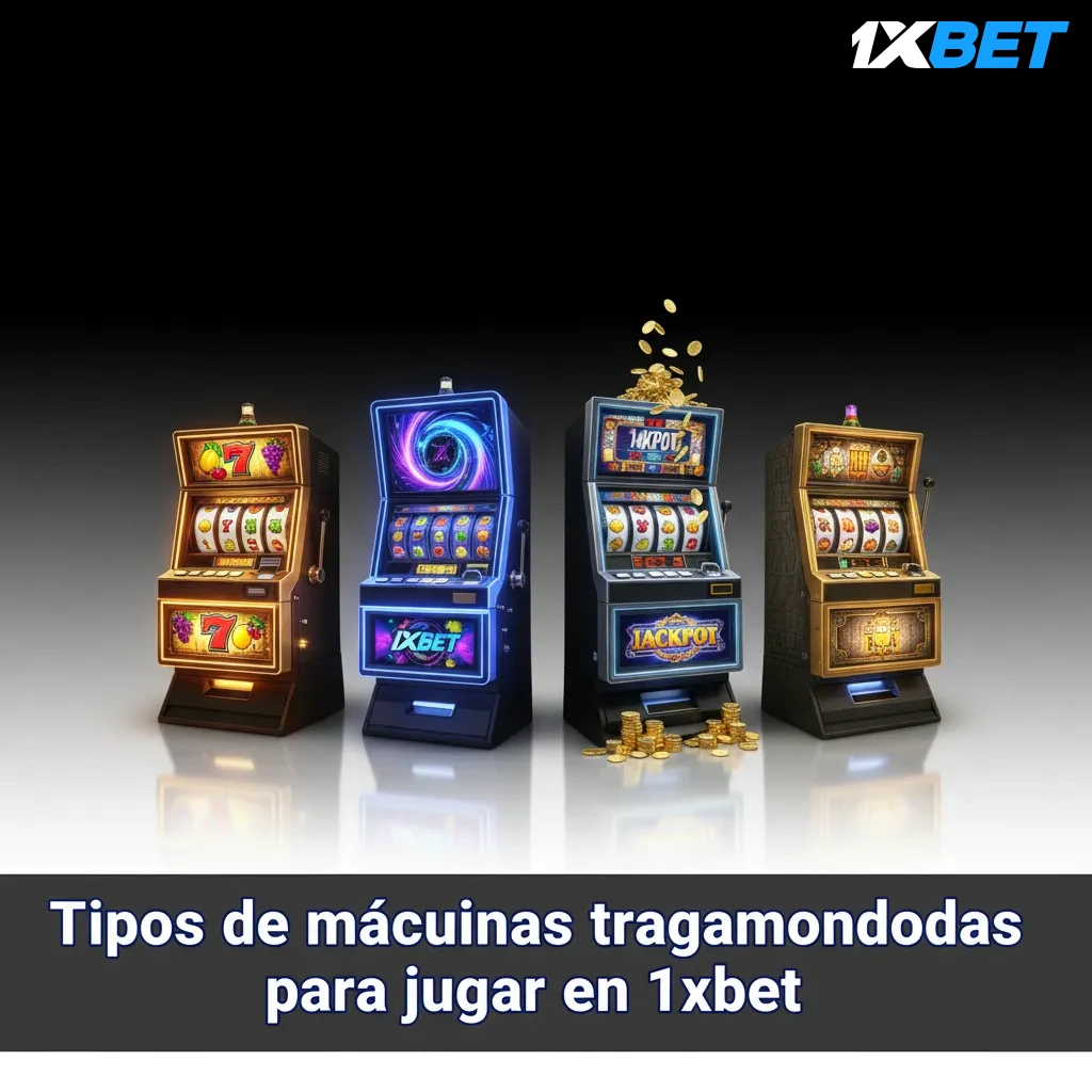 Infografía de 1xbet con tipos de slots: 3 carretes, video 5, Megaways, jackpots progresivos, Hold & Win y compra de bono.