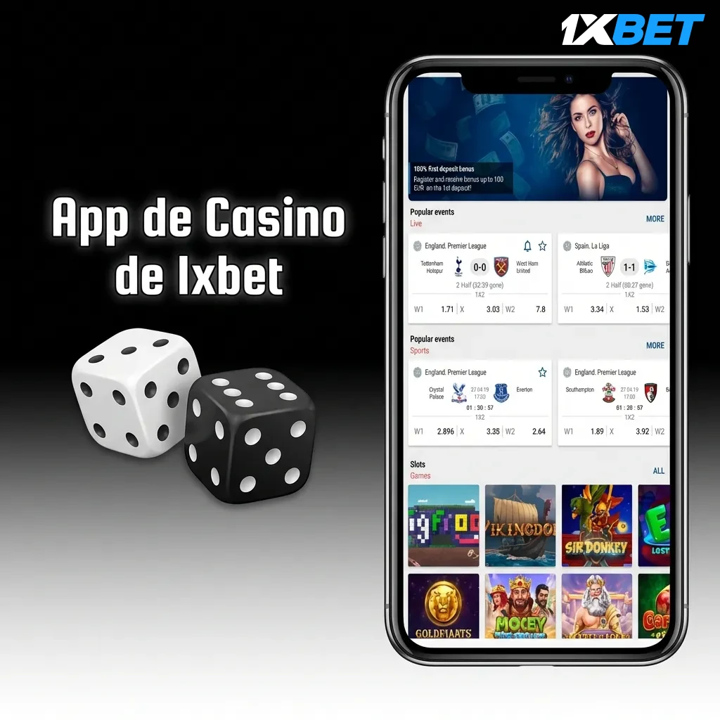 Interfaz de la app 1xbet mostrando juegos de casino con slots, ruleta y mesas en vivo con dealers reales