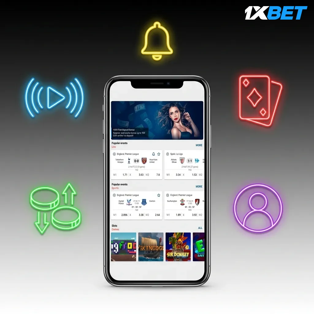 1xbet mobile app interface showing live betting, casino games, and payment options for Costa Rican users