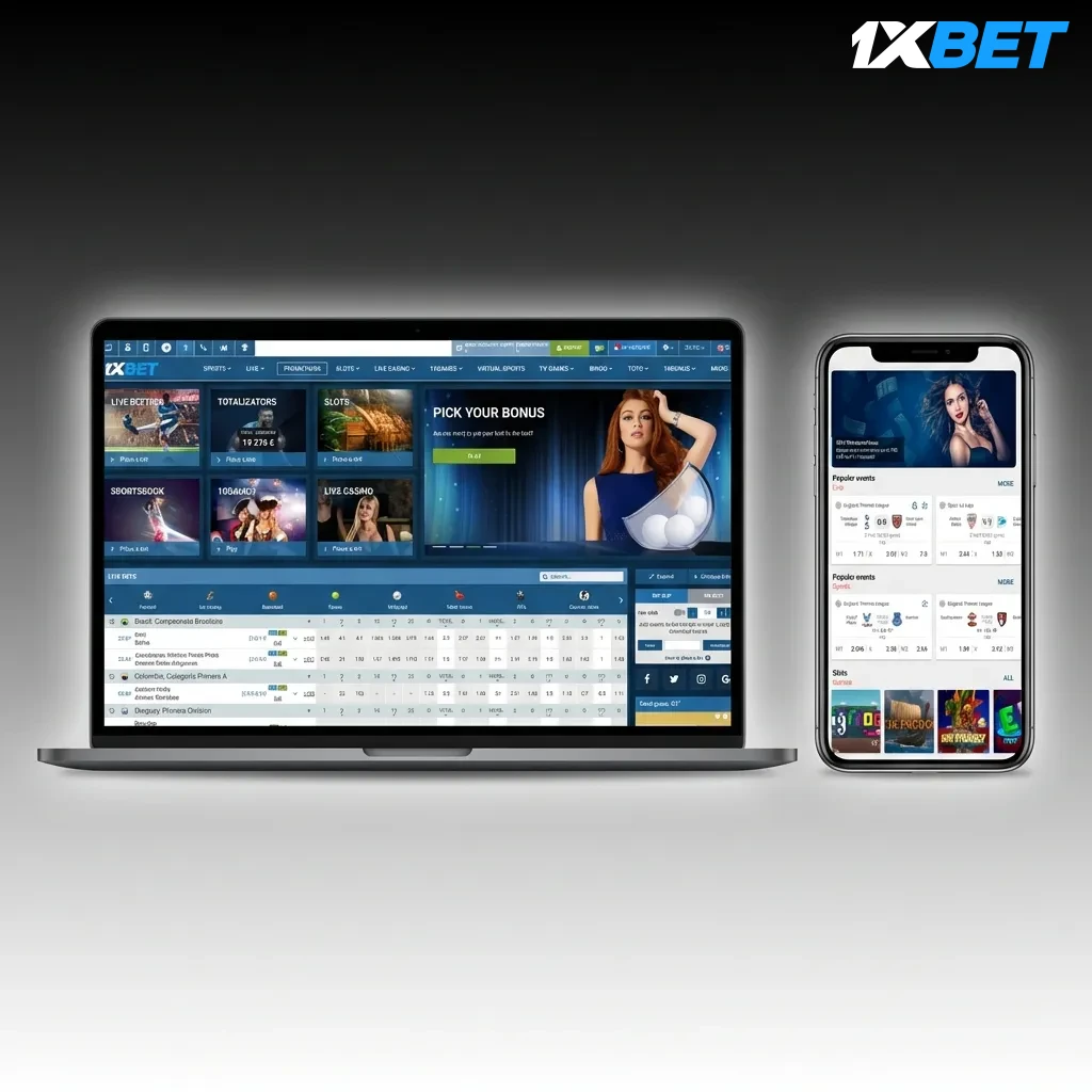Interfaz de navegación de 1xbet con menú superior mostrando opciones de deportes, casino, slots y promociones