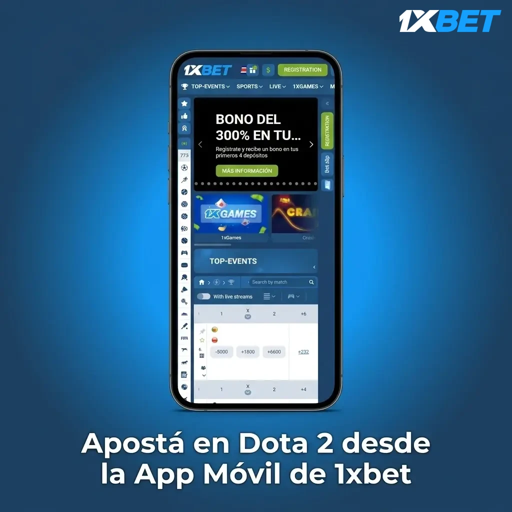 Jugador de Dota 2 apostando desde la app móvil de 1xbet en Costa Rica con cuotas en vivo