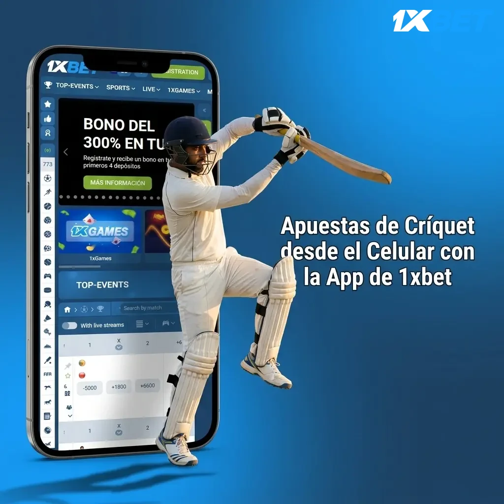 App móvil 1xbet para apuestas de críquet en Android e iOS con mercados en vivo y estadísticas en tiempo real