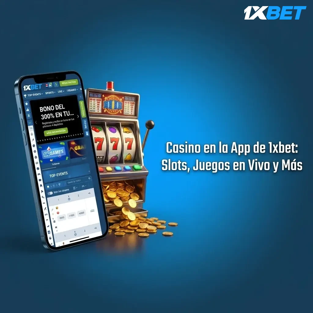 Interfaz de casino en app 1xbet con slots, ruleta, blackjack y casino en vivo con crupieres reales en HD