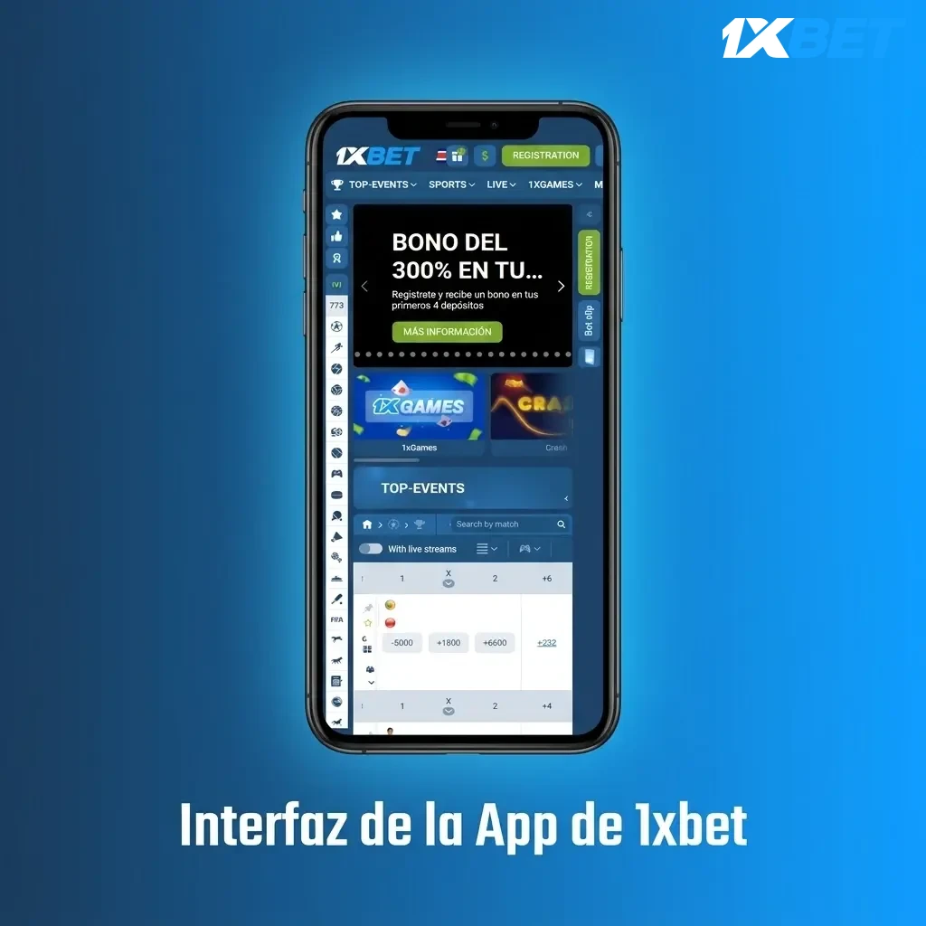 Interfaz móvil de 1xbet con menús compactos y botones para deportes, casino y pagos adaptados a cualquier dispositivo
