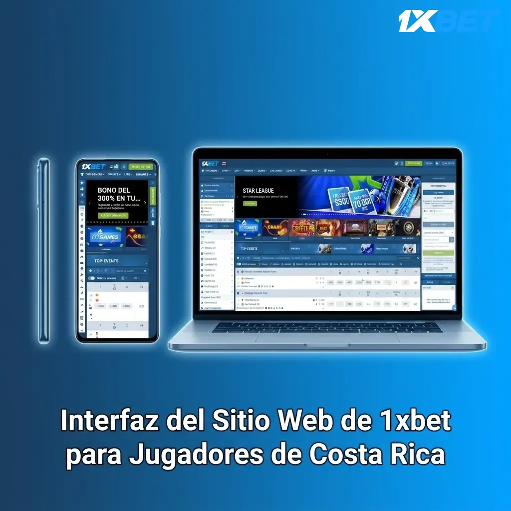 Interfaz del sitio web de 1xbet con barra de navegación para deportes, casino, promociones y soporte en Costa Rica